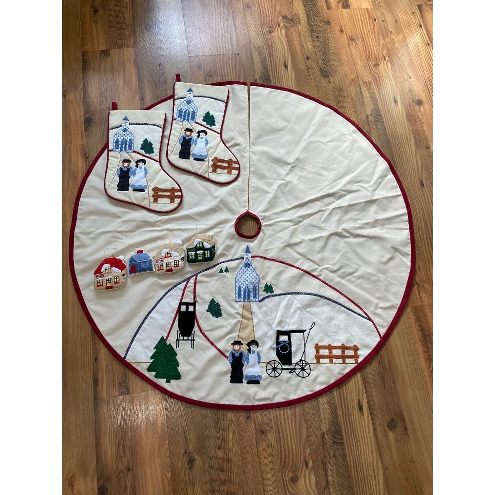 Handmade sewn amish vintage Christmas tree skirt, stockings, ornaments